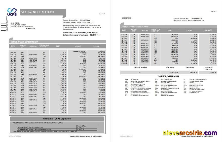 Philippines UCPB bank statement of account in Word and PDF format